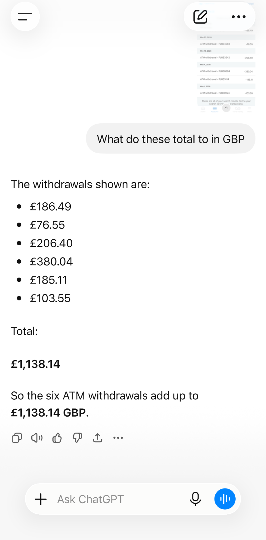 Screenshot of ATM withdrawals totalling £1,138.14